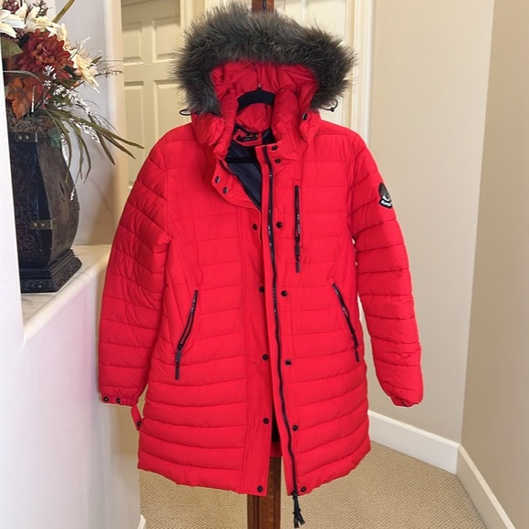 Super dry Faux Fur Hooded Mid Length Puffer Jacket size 8